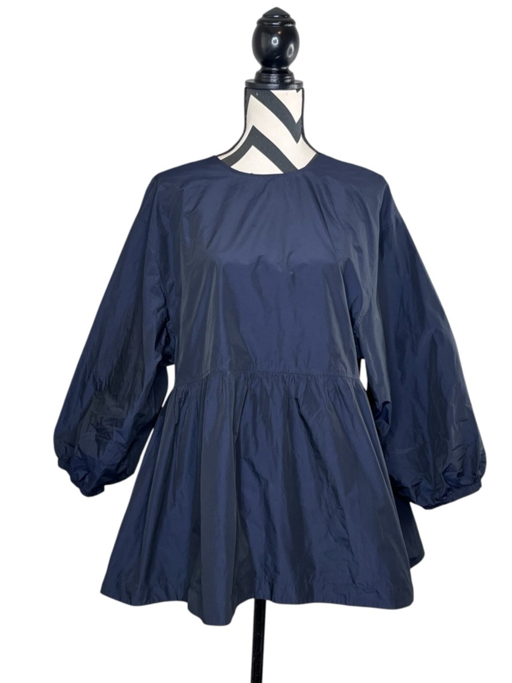 COS Sz 10 Open Back Gathered Technical Navy Blue Puff Sleeve Top